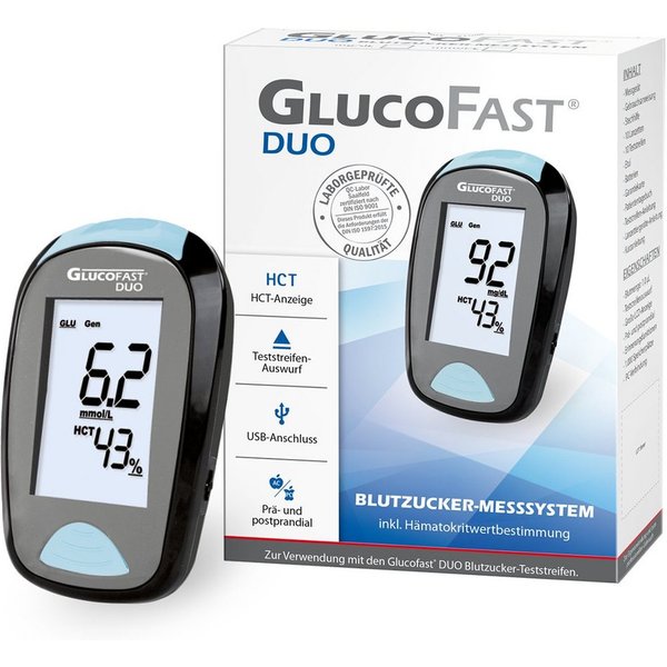 GLUCOFAST Blutzuckermessgerät DUO Maßeinheit in MG, Starterset, Ink. 10 Tetsteifen, 10 Lanzetten und Lanzettiergerät, Blutzucker und Hämatokritwert mit einer Me