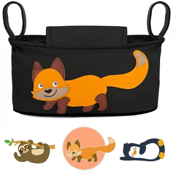 GLÜCKSWOLKE Kinderwagen-Tasche in Grau oder Schwarz I 6 Motive I Kinderwagentasche & Buggy Organizer, Kinderwagen Tasche mit Getränkehalter und Feuchttücherfach