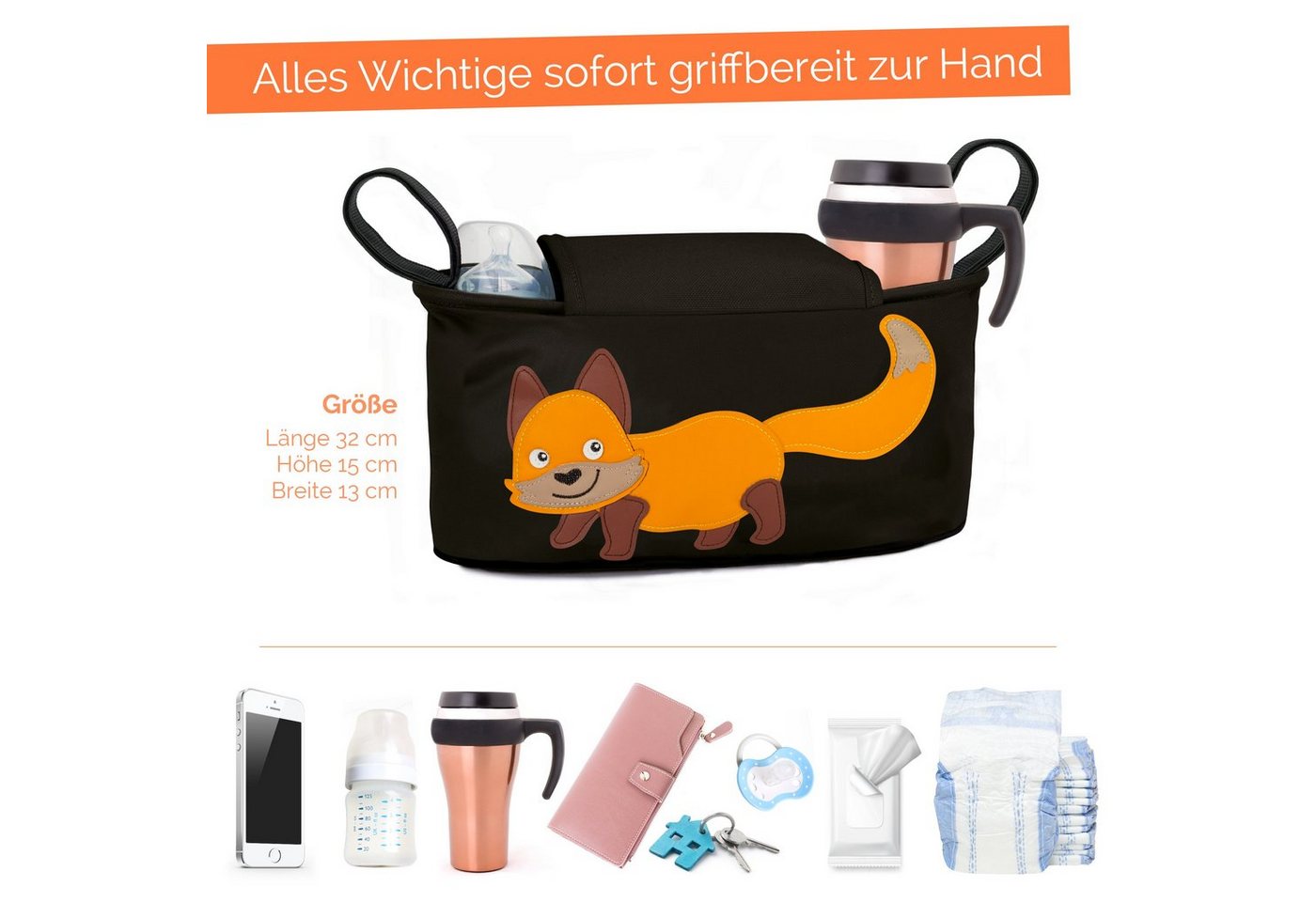 GLÜCKSWOLKE Kinderwagen-Tasche in Grau oder Schwarz I 6 Motive I Kinderwagentasche & Buggy Organizer, Kinderwagen Tasche mit Getränkehalter und Feuchttücherfach – Bild 3 von 5