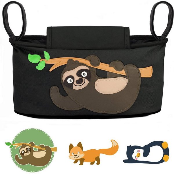 GLÜCKSWOLKE Kinderwagen-Tasche in Grau oder Schwarz I 6 Motive I Kinderwagentasche & Buggy Organizer, Kinderwagen Tasche mit Getränkehalter und Feuchttücherfach