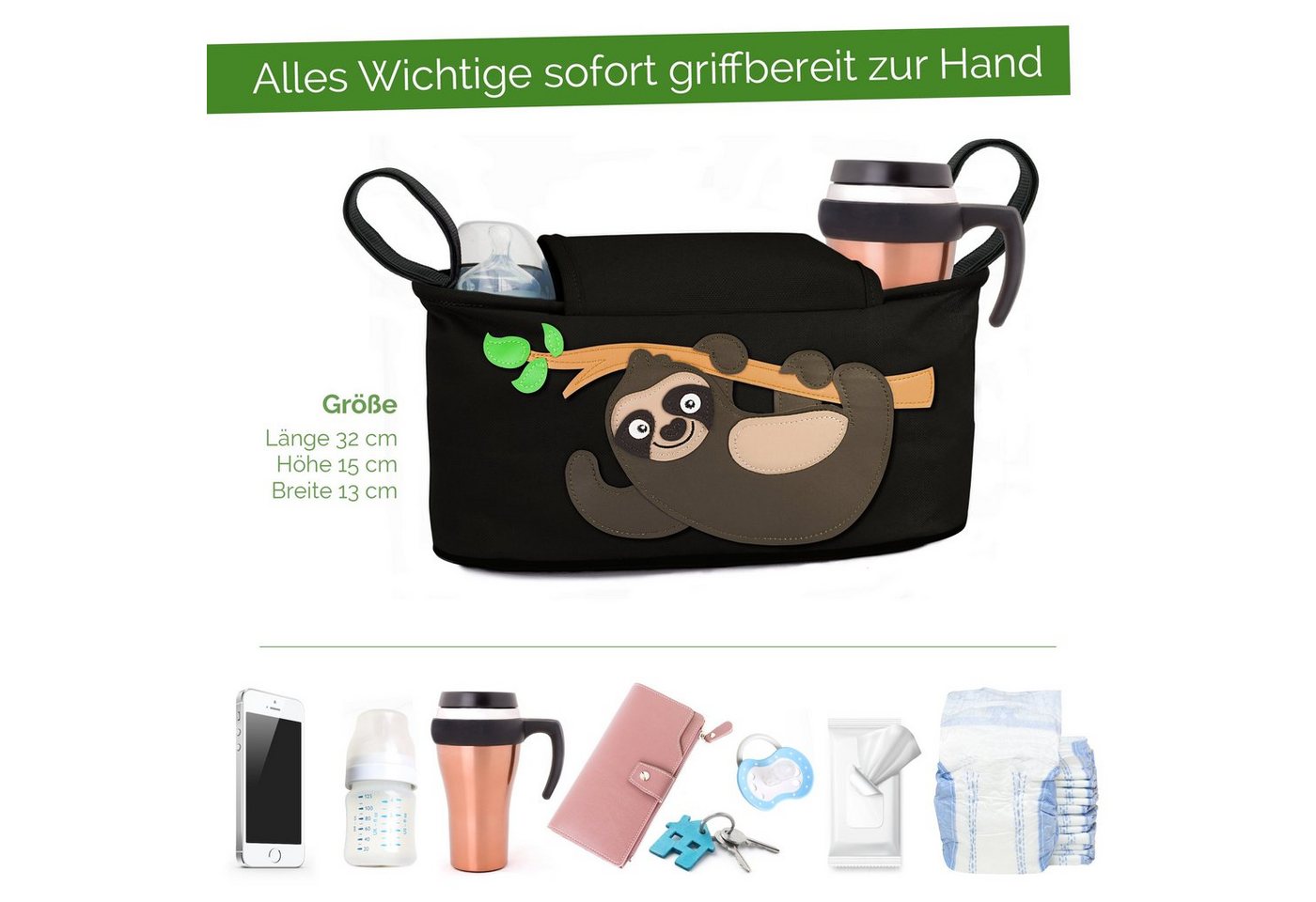GLÜCKSWOLKE Kinderwagen-Tasche in Grau oder Schwarz I 6 Motive I Kinderwagentasche & Buggy Organizer, Kinderwagen Tasche mit Getränkehalter und Feuchttücherfach – Bild 3 von 5
