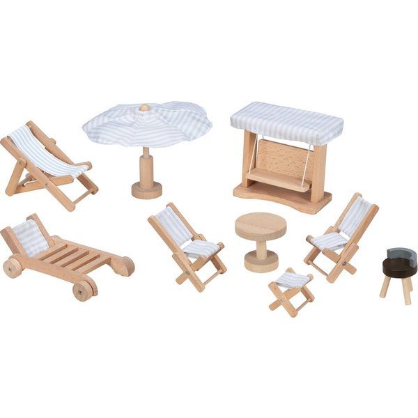goki Puppenhausmöbel Puppengartenmöbel Weiß (packung, 9tlg., 9-teiligen Set), mit Grill, über Liegestühle und Sonnenschirm