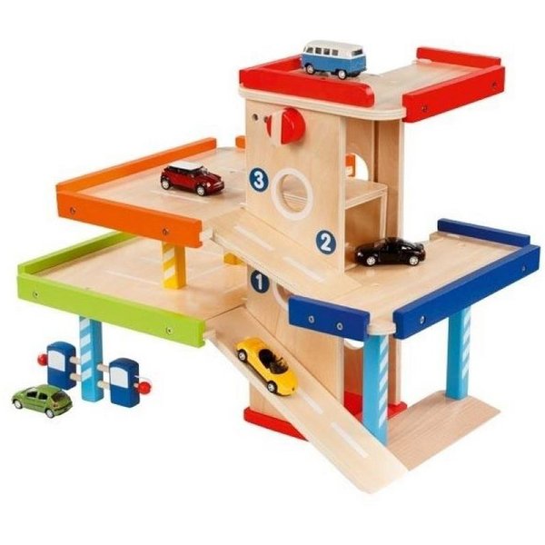 goki Spiel-Parkhaus aus Holz, 51,9 x 31,4 x 38,5 cm Tanksäulen Waschanlage Holzspielzeug