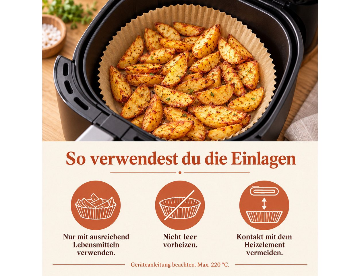 GOLDEN Backpapier Airfryer Backpapier rund, 50 Stück, Boden Ø 16 cm – Bild 5 von 5