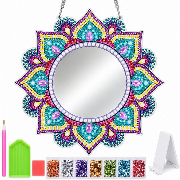 GOLDEN Gemälde Diamond Painting Spiegel Mandala, DIY-Set mit Standfuß und Kette