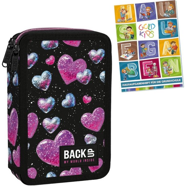 GOLDKIDS Federmäppchen 2 Fächer - Mäppchen für Mädchen und Jungen -, (Federmappe 2-Fach Federtasche, Gefüllte Schüleretui Schulmäppchen), und Hausaufgabenheft
