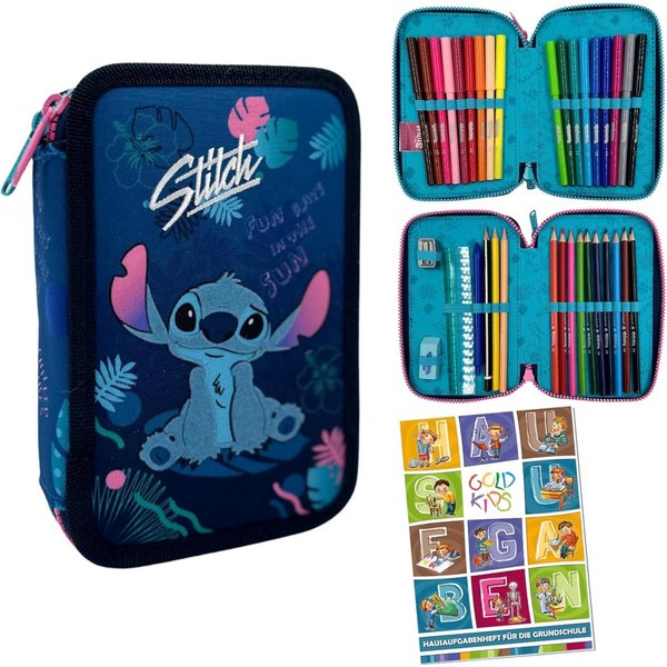 GOLDKIDS Federmäppchen 2 Fächer - Mäppchen für Mädchen und Jungen -, (Gefüllte Schüleretui 35-teilig -, 1-tlg., Schulmäppchen und Hausaufgabenheft), - Stitch Mo