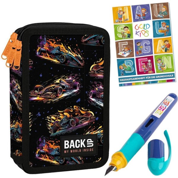GOLDKIDS Federmäppchen 3 Fächer - Mäppchen für Mädchen und Jungen -, (Federmappe 3-Fach Federtasche Gefüllte, Schüleretui Schulmäppchen), Hausaufgabenheft und F