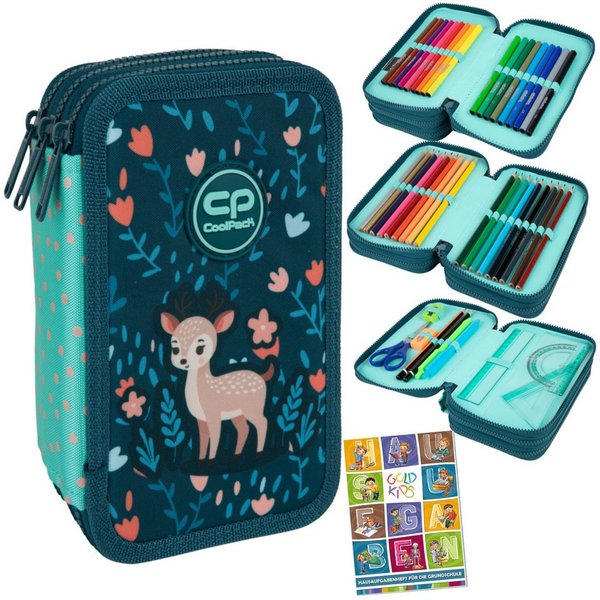 GOLDKIDS Federmäppchen 3 Fächer - Mäppchen für für Mädchen und Jungen -, (Federmappe 3-Fach, Federtasche Gefüllte Schüleretui), Schulmäppchen und Hausaufgabenhe