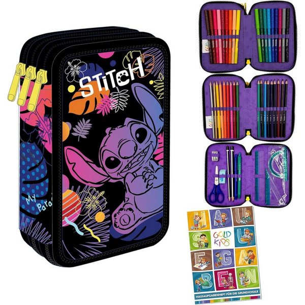 GOLDKIDS Federmäppchen 3 Fächer - Mäppchen für Mädchen und Jungen -, (Federmappe 3-Fach Federtasche, Gefüllte Schüleretui 46-teilig), Schulmäppchen und Hausaufg