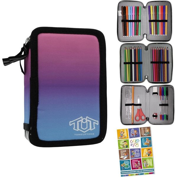 GOLDKIDS Federmäppchen Federtasche Federmappe Federmäppchen XXL Schüleretui, (Federtasche Federpenal Schulmäppchen, 1-tlg., ToneUpTone Ombre 3 Fächer 45-teilig)