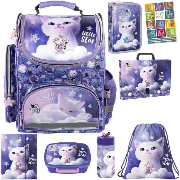 GOLDKIDS Schulranzen für Mädchen, 8er-Set - (Schul-Rucksack für Kinder mit Federmäppchen, 1-tlg., - Schuhbeutel Trinkflasche und Brotdose), - Katze Motiv- 1-3 K
