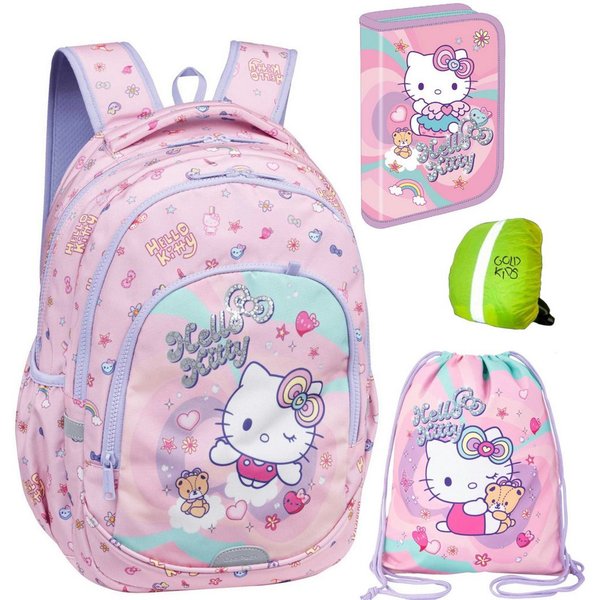 GOLDKIDS Schulranzen für Mädchen, 4er-Set - (Schul-Rucksack für Kinder mit Federmäppchen, 1-tlg., - Schuhbeutel und Regenschutz), - Hello Kitty Motiv