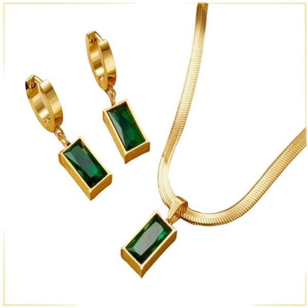 GOLDKLEIN Schmuckset Ohrringe Halskette vergoldeter Edelstahl mit grünem Stein (2-tlg), Damen, Angebot bis 14.12.2025 inkl. Schmuckbox!
