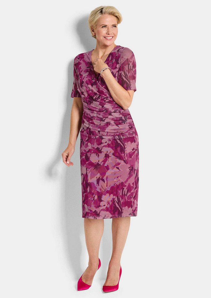 GOLDNER Abendkleid Wickelkleid mit Blumenmuster Stretchkleid mit V-Ausschnitt, Faltenwurf, Knielänge und Halbarm – Bild 2 von 5