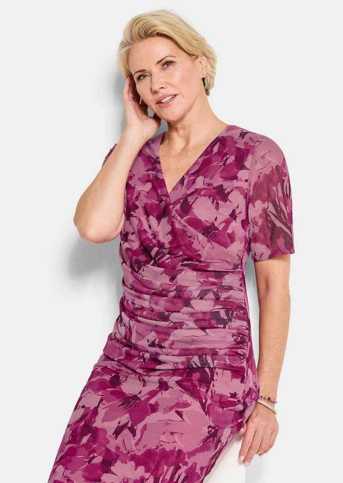 GOLDNER Abendkleid Wickelkleid mit Blumenmuster Stretchkleid mit V-Ausschnitt, Faltenwurf, Knielänge und Halbarm – Bild 4 von 5