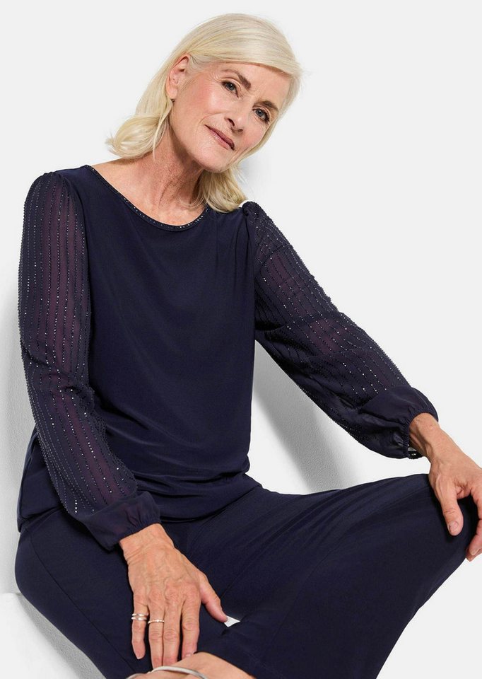 GOLDNER Langarmshirt Edles Langarmoberteil mit Glitzerärmeln Glamouröse Bluse mit funkelnden Details, semitransparent – Bild 4 von 5