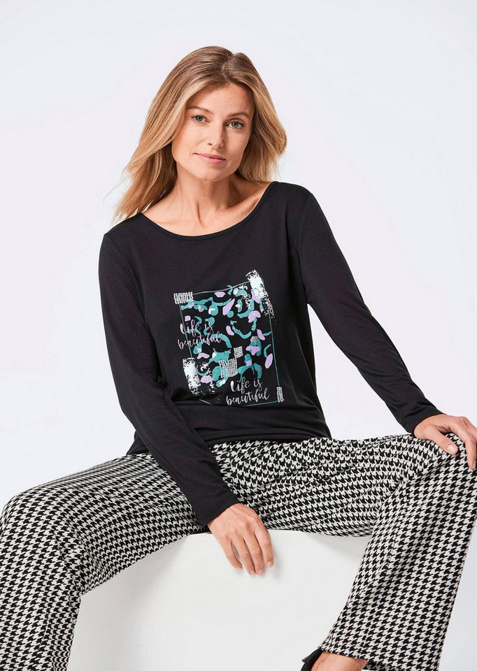 GOLDNER Print-Shirt Shirt mit Glitzerprint, Rundhals Gemustertes Design mit Rundhalsausschnitt und dekorativem Bund – Bild 4 von 5