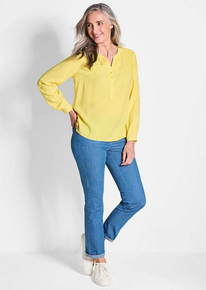 GOLDNER Schlupfbluse Elegante Viskosebluse mit V-Ausschnitt Luftige Bluse mit Fältchen, Knopfleiste und Langarm – Bild 2 von 5