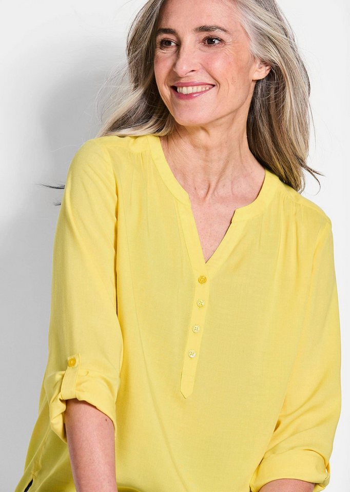 GOLDNER Schlupfbluse Elegante Viskosebluse mit V-Ausschnitt Luftige Bluse mit Fältchen, Knopfleiste und Langarm – Bild 4 von 5