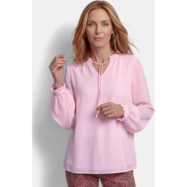 GOLDNER Schlupfbluse Feminine Bluse mit Rüschen Langarmbluse aus fließendem Krepp, Ausschnitt mit Bindeband