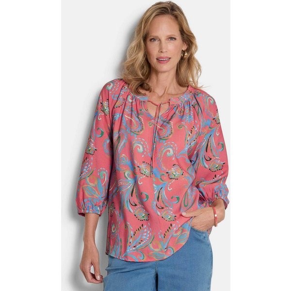 GOLDNER Schlupfbluse Viskosebluse mit Paisley-Muster Schlupfbluse mit Rundhals mit V-Schlitz, Bindeband und 3/4-Ärmeln