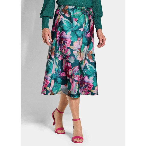 GOLDNER Schlupfrock Eleganter A-Linienrock, floraler Print Midirock aus schimmerndem Satin mit elastischem Bund, verschlusslos