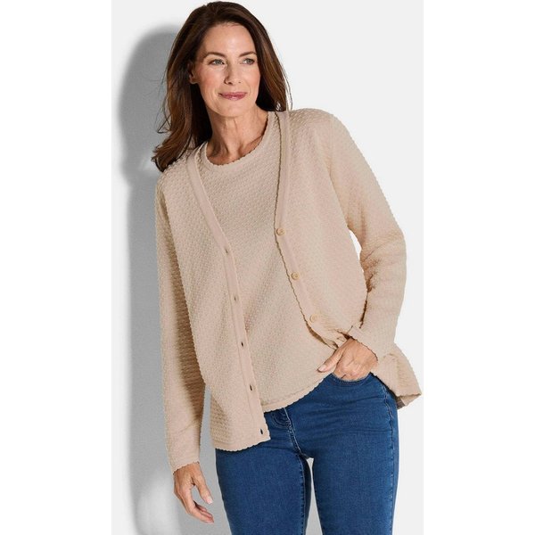 GOLDNER Strickjacke Baumwoll-Feinstrickjacke, Langarm Femininer Look mit gebogten Kanten und V-Ausschnitt, Knopfleiste