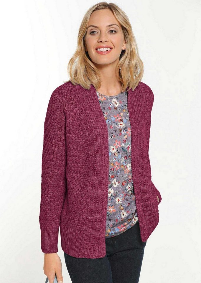 GOLDNER Strickjacke Elegante Grobstrickjacke, Zopfmuster Verschlusslose Baumwolljacke mit Schalkragen und Langarm – Bild 2 von 4