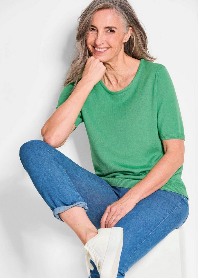 GOLDNER Strickpullover Kurzgröße: Klassisches Merinowollshirt, Rundhals Sommerpullover mit Rippenbündchen und Halbarm – Bild 4 von 5