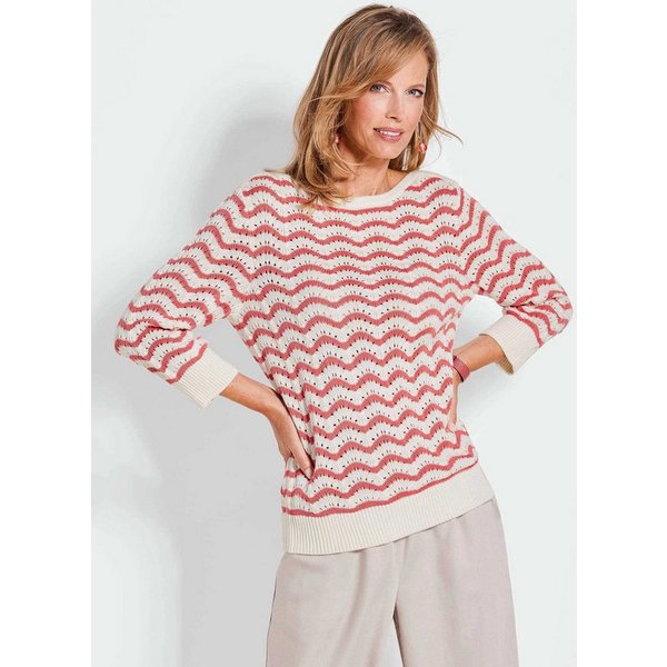 GOLDNER Strickpullover Ringelpullover mit 3/4-Arm und Ajourdetails Feines Strickoberteil aus Baumwollmix mit U-Boot-Ausschnitt