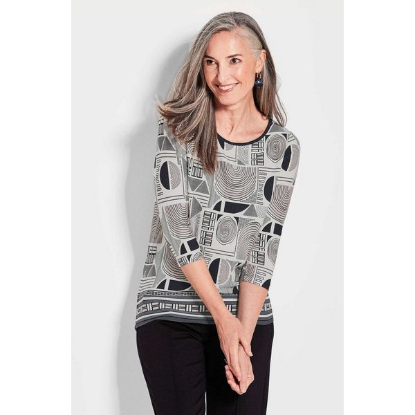 GOLDNER T-Shirt Elegantes Oberteil mit Allover-Muster Modisches Halbarm Shirt mit U-Boot-Ausschnitt