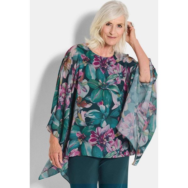 GOLDNER Tunika Elegantes Blusenshirt, florales Design Jerseyshirt mit Chiffon-Überwurf, U-Boot-Ausschnitt und 3/4-Arm