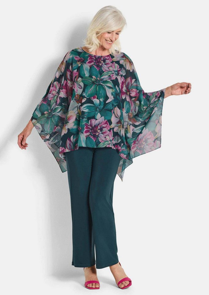 GOLDNER Tunika Elegantes Blusenshirt, florales Design Jerseyshirt mit Chiffon-Überwurf, U-Boot-Ausschnitt und 3/4-Arm – Bild 2 von 5