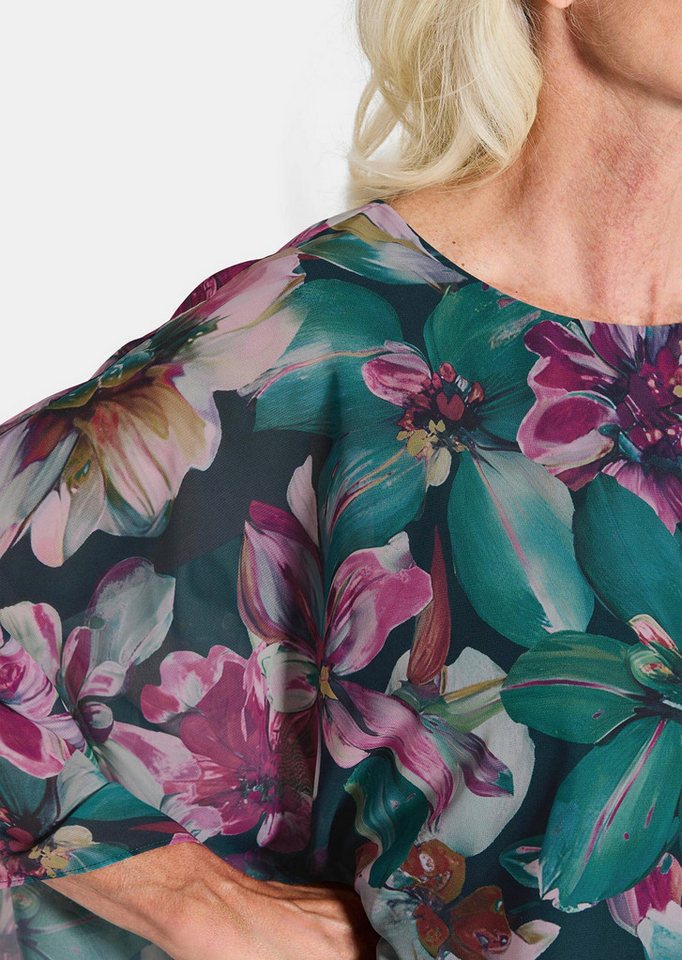 GOLDNER Tunika Elegantes Blusenshirt, florales Design Jerseyshirt mit Chiffon-Überwurf, U-Boot-Ausschnitt und 3/4-Arm – Bild 5 von 5