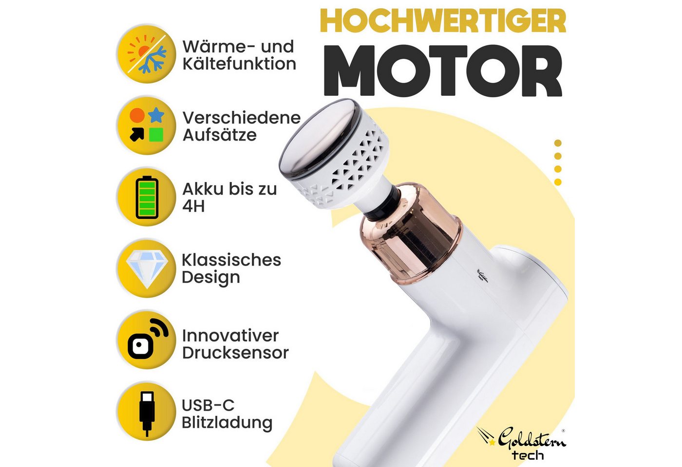Goldstern-Tech Massagepistole Compact Pro, 6 Temperaturstufe und 8 Geschwindigkeitseinstellungen, Massagegerät mit 2200mAh Akku, Handmassagegerät mit Wärme- & K – Bild 4 von 5