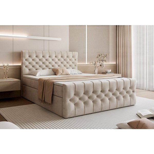 Goldstoff Boxspringbett TAURIEL mit Federkernmatratze & Topper, zwei Bettkästen (von 120 bis 200x200 cm), modernes Doppelbett aus Velvet Stoff mit edlem Kopftei