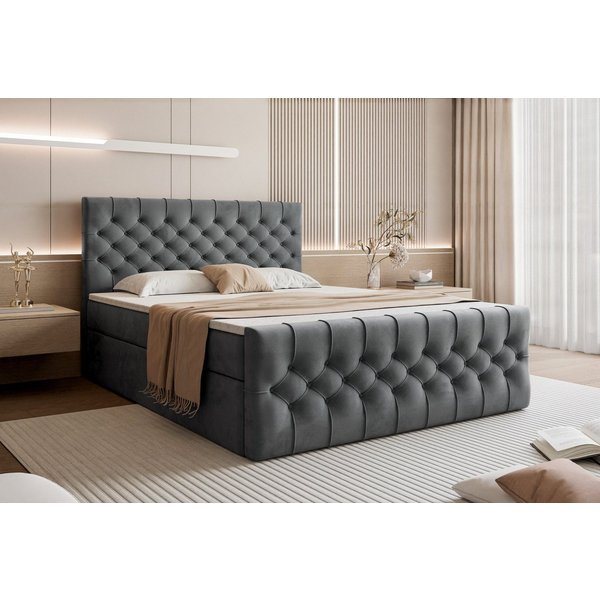 Goldstoff Boxspringbett TAURIEL mit Federkernmatratze & Topper, zwei Bettkästen (von 120 bis 200x200 cm), modernes Doppelbett aus Velvet Stoff mit edlem Kopftei
