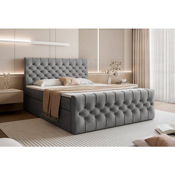Goldstoff Boxspringbett TAURIEL mit Federkernmatratze & Topper, zwei Bettkästen (von 120 bis 200x200 cm), modernes Doppelbett aus Velvet Stoff mit edlem Kopftei