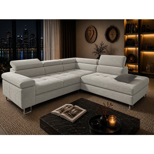 Goldstoff Ecksofa mit Schlaffunktion, Cord Couch für Wohnzimmer - Cord Ecksofa, Cord Sofa VOYAGE 2 Teile, Großer Bettkasten