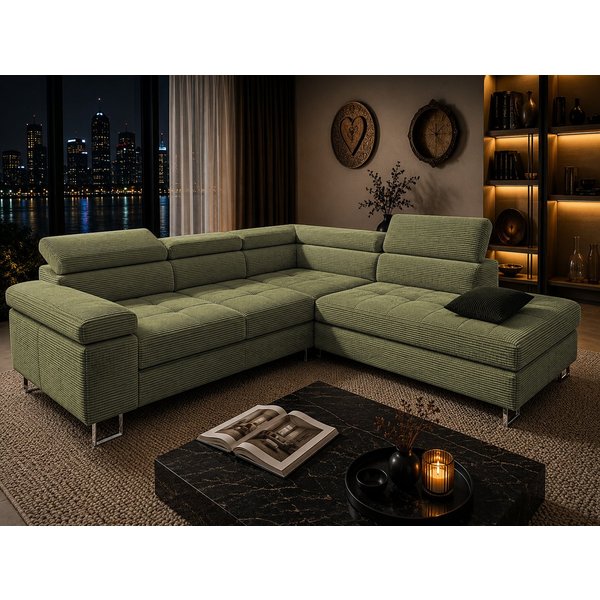 Goldstoff Ecksofa mit Schlaffunktion, Cord Couch für Wohnzimmer - Cord Ecksofa, Cord Sofa VOYAGE 2 Teile, Großer Bettkasten
