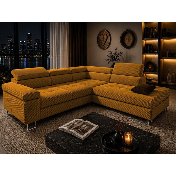 Goldstoff Ecksofa mit Schlaffunktion, Cord Couch für Wohnzimmer - Cord Ecksofa, Cord Sofa VOYAGE 2 Teile, Großer Bettkasten