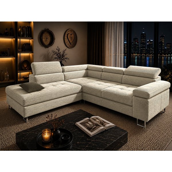 Goldstoff Ecksofa mit Schlaffunktion, Cord Couch für Wohnzimmer - Cord Ecksofa, Cord Sofa VOYAGE 2 Teile, Großer Bettkasten