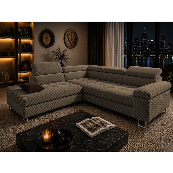 Goldstoff Ecksofa mit Schlaffunktion, Cord Couch für Wohnzimmer - Cord Ecksofa, Cord Sofa VOYAGE 2 Teile, Großer Bettkasten
