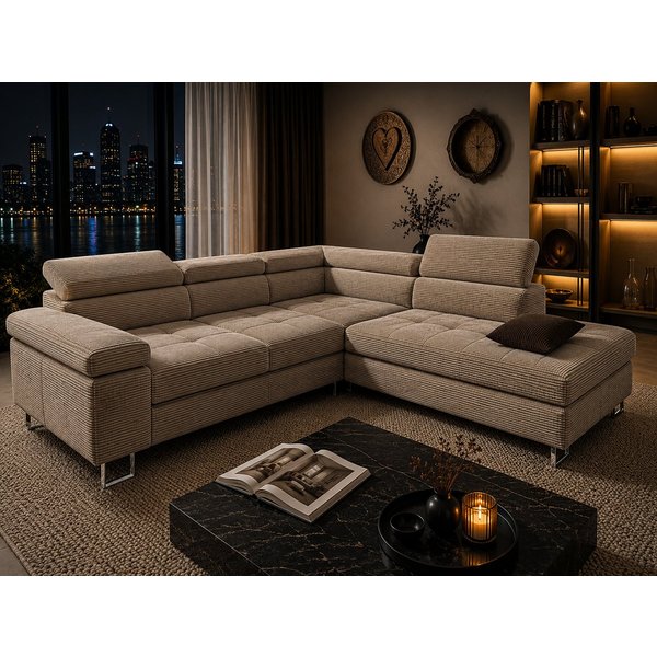 Goldstoff Ecksofa mit Schlaffunktion, Cord Couch für Wohnzimmer - Cord Ecksofa, Cord Sofa VOYAGE 2 Teile, Großer Bettkasten