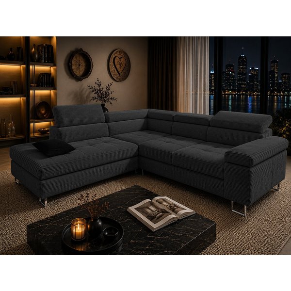 Goldstoff Ecksofa mit Schlaffunktion, Cord Couch für Wohnzimmer - Cord Ecksofa, Cord Sofa VOYAGE 2 Teile, Großer Bettkasten
