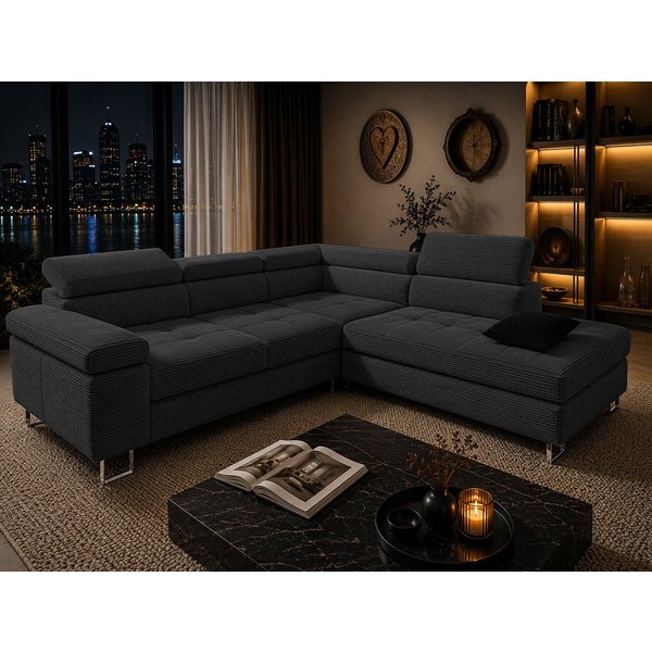 Goldstoff Ecksofa mit Schlaffunktion, Cord Couch für Wohnzimmer - Cord Ecksofa, Cord Sofa VOYAGE 2 Teile, Großer Bettkasten