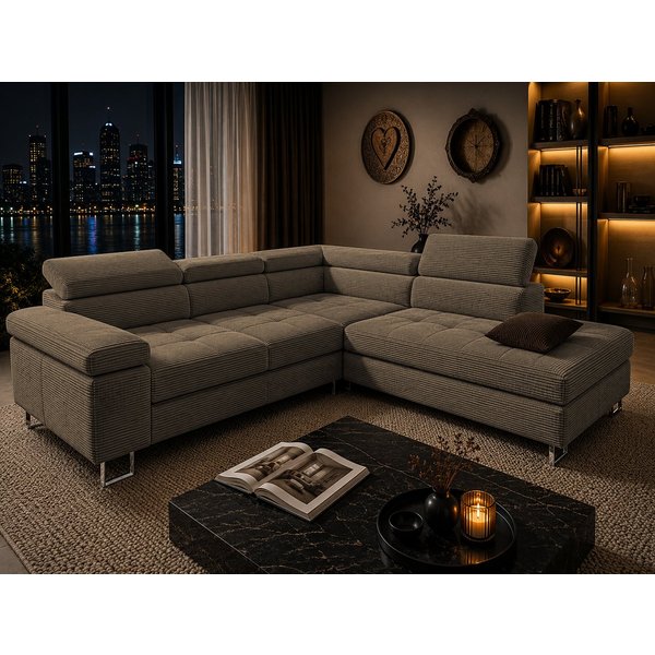 Goldstoff Ecksofa mit Schlaffunktion, Cord Couch für Wohnzimmer - Cord Ecksofa, Cord Sofa VOYAGE 2 Teile, Großer Bettkasten