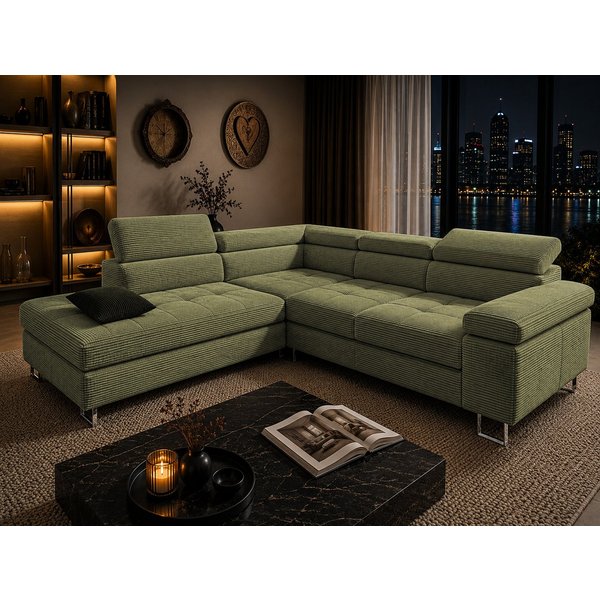 Goldstoff Ecksofa mit Schlaffunktion, Cord Couch für Wohnzimmer - Cord Ecksofa, Cord Sofa VOYAGE 2 Teile, Großer Bettkasten
