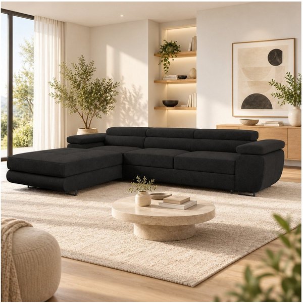 Goldstoff Ecksofa mit Schlaffunktion und Bettkasten, Designer Schlafsofa mit Bettkasten, Big Sofa - VENUS TWIN, Couch mit verstellbaren Kopfstützen in dunkelgra